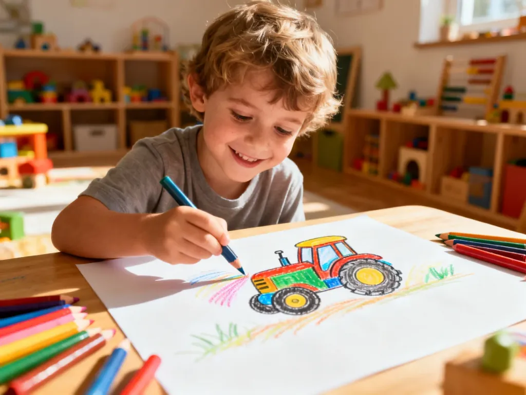 Dziecko z radością rysuje kolorowy traktor na dużej kartce papieru przy użyciu jasnych kredek.