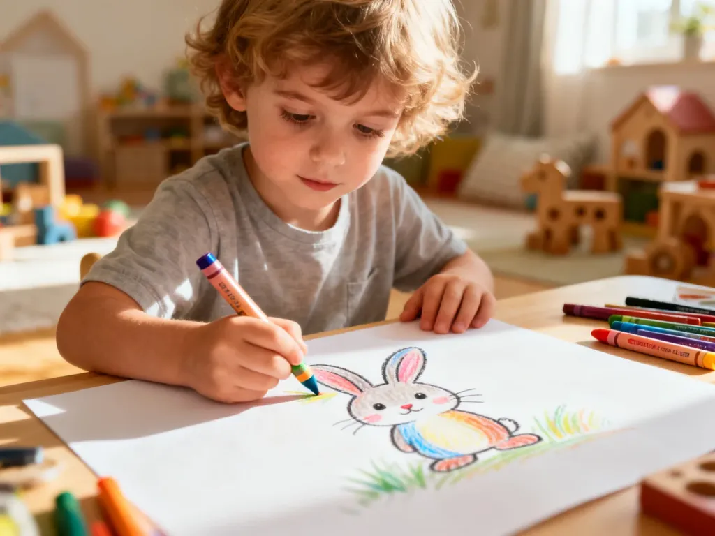 Dziecko rysuje kolorową kredką uroczego królika na dużej kartce papieru w przytulnym pokoju zabaw.