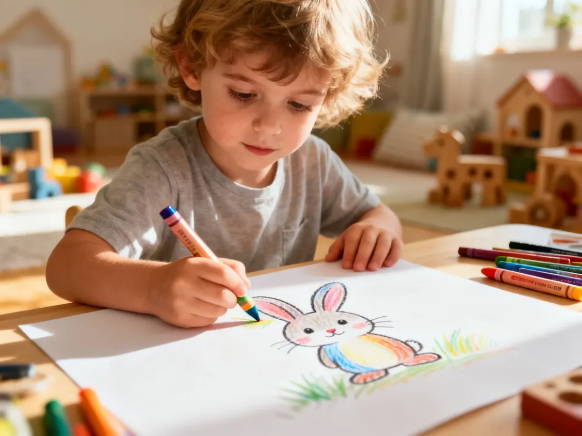 Dziecko rysuje kolorową kredką uroczego królika na dużej kartce papieru w przytulnym pokoju zabaw.