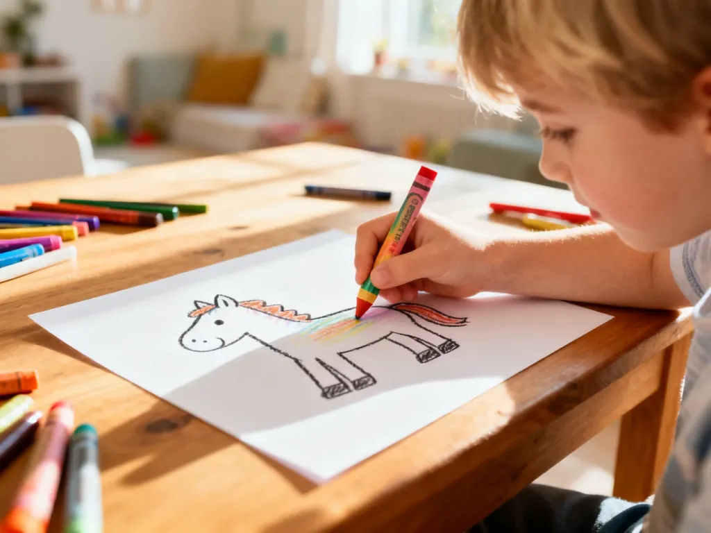 Dziecięca dłoń rysuje kolorową kredką prosty szkic konia na białej kartce papieru.