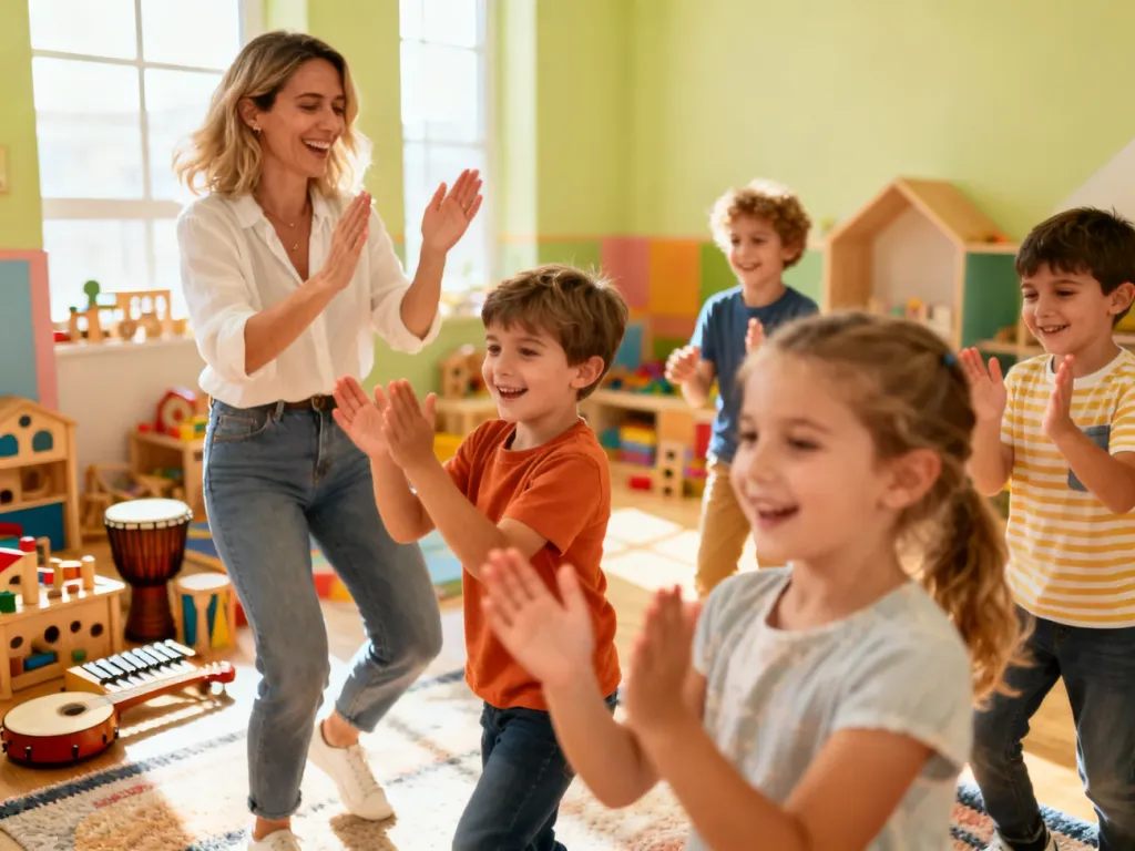 Kobieta z grupą dzieci bawiących się przy muzyce w kolorowym pokoju zabaw, klaszczących i tańczących w rytm melodii.