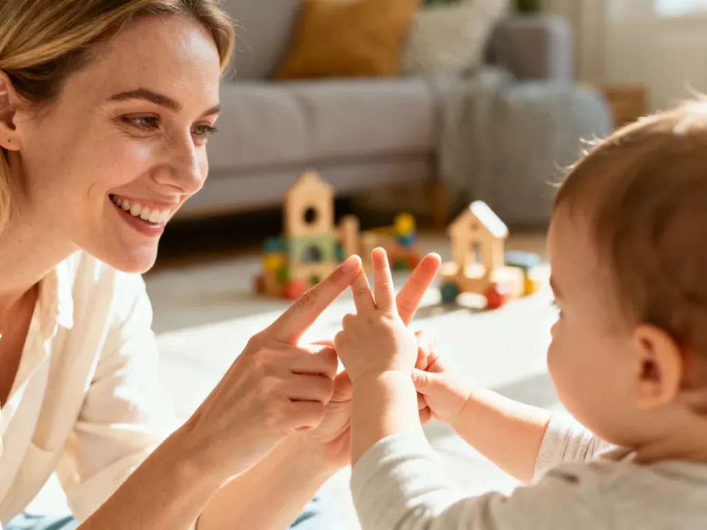 Uśmiechnięta mama bawi się paluszkami swojego dziecka w przytulnym salonie, budując z nim bliską więź.